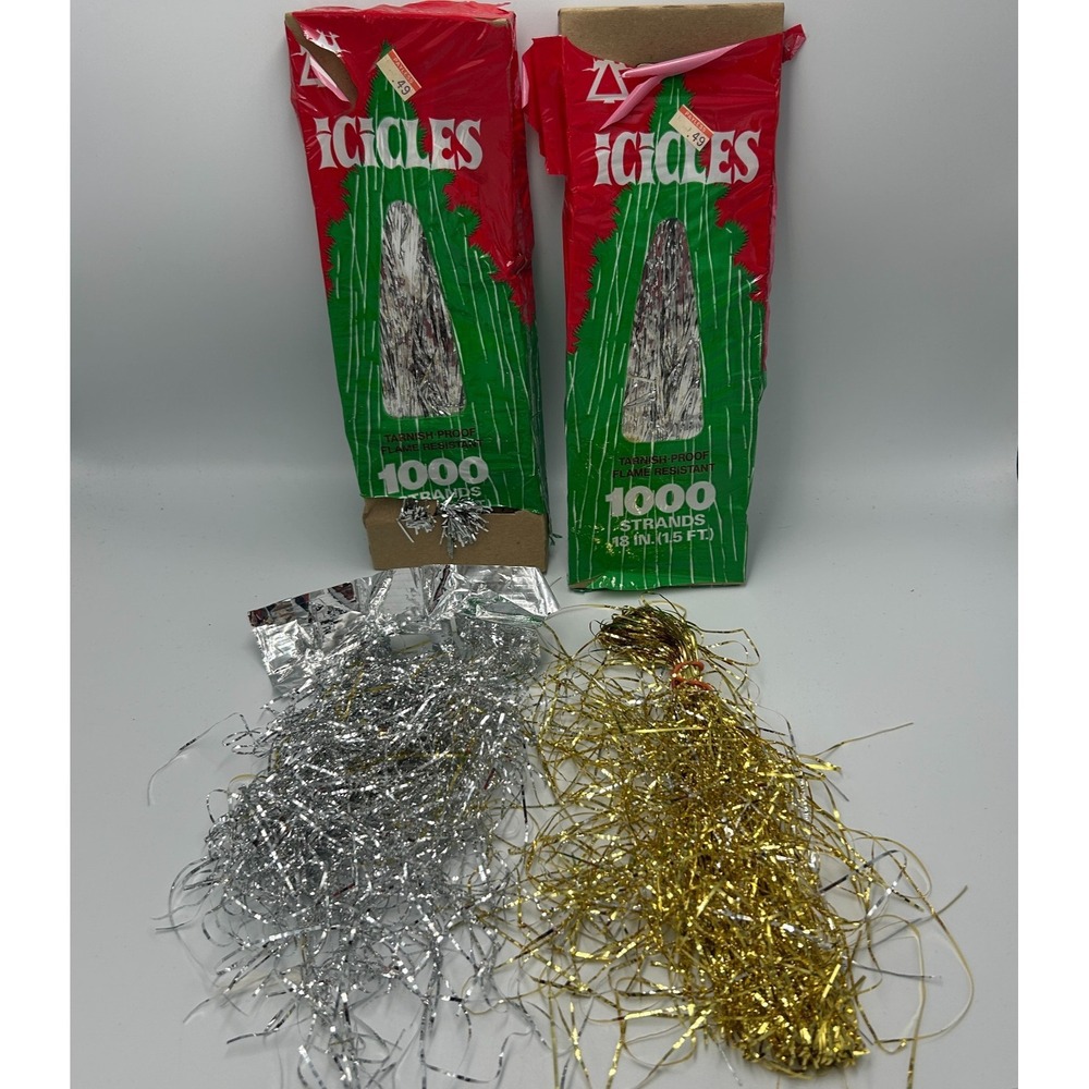 Vintage Christmas 80s Icicles Tinsel Tree Silver Gold 18" 2000 Strands Retro USA
